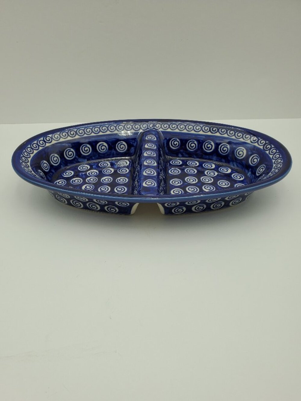 Polish Pottery Cobalt Swirl Divided Dish 2 Part Vegetable Serving Bowl